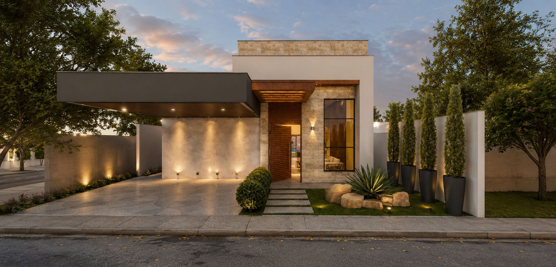 Fachada do projeto 13x24 — Três Suítes com Piscina
